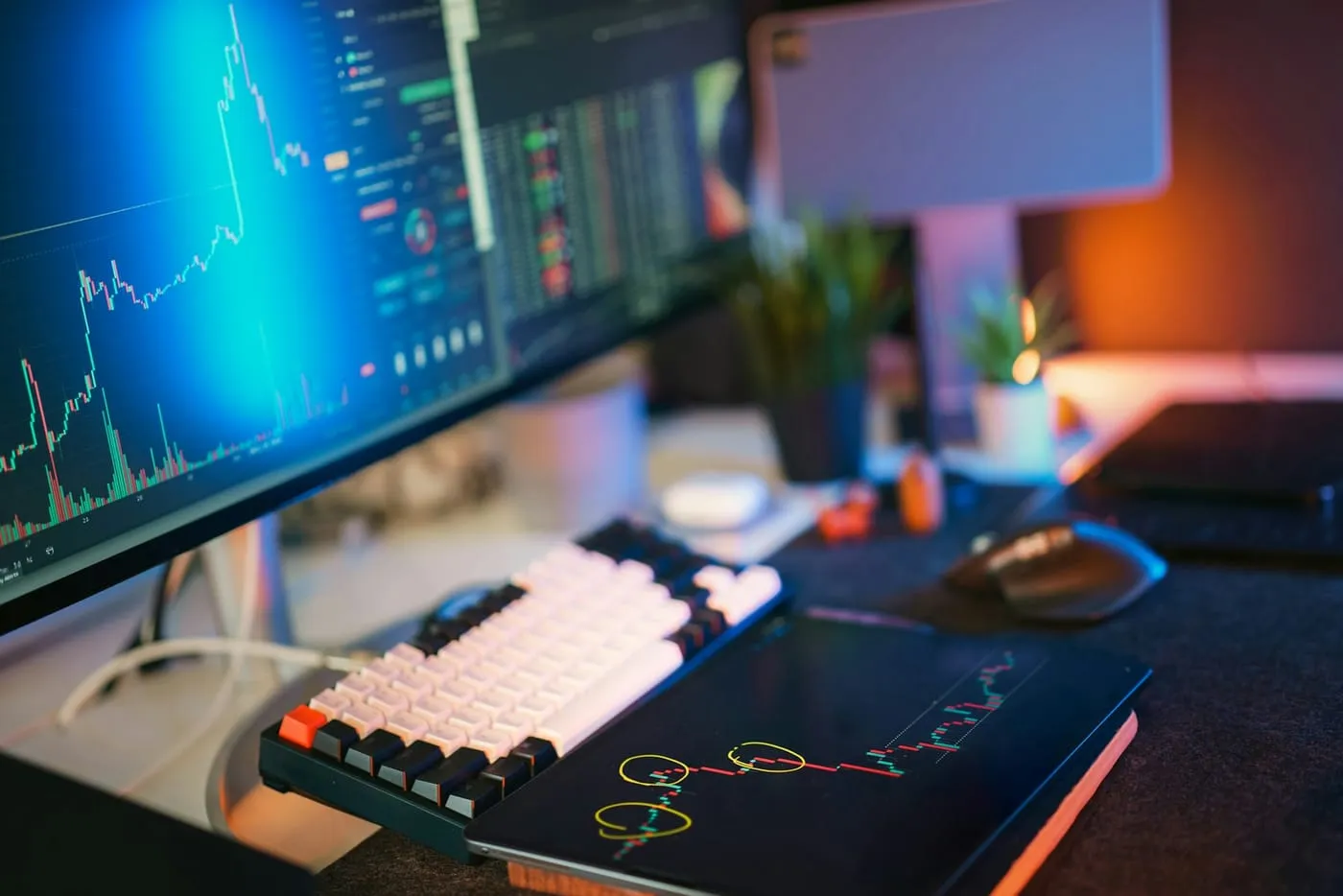 Market data glowing on a desktop monitor