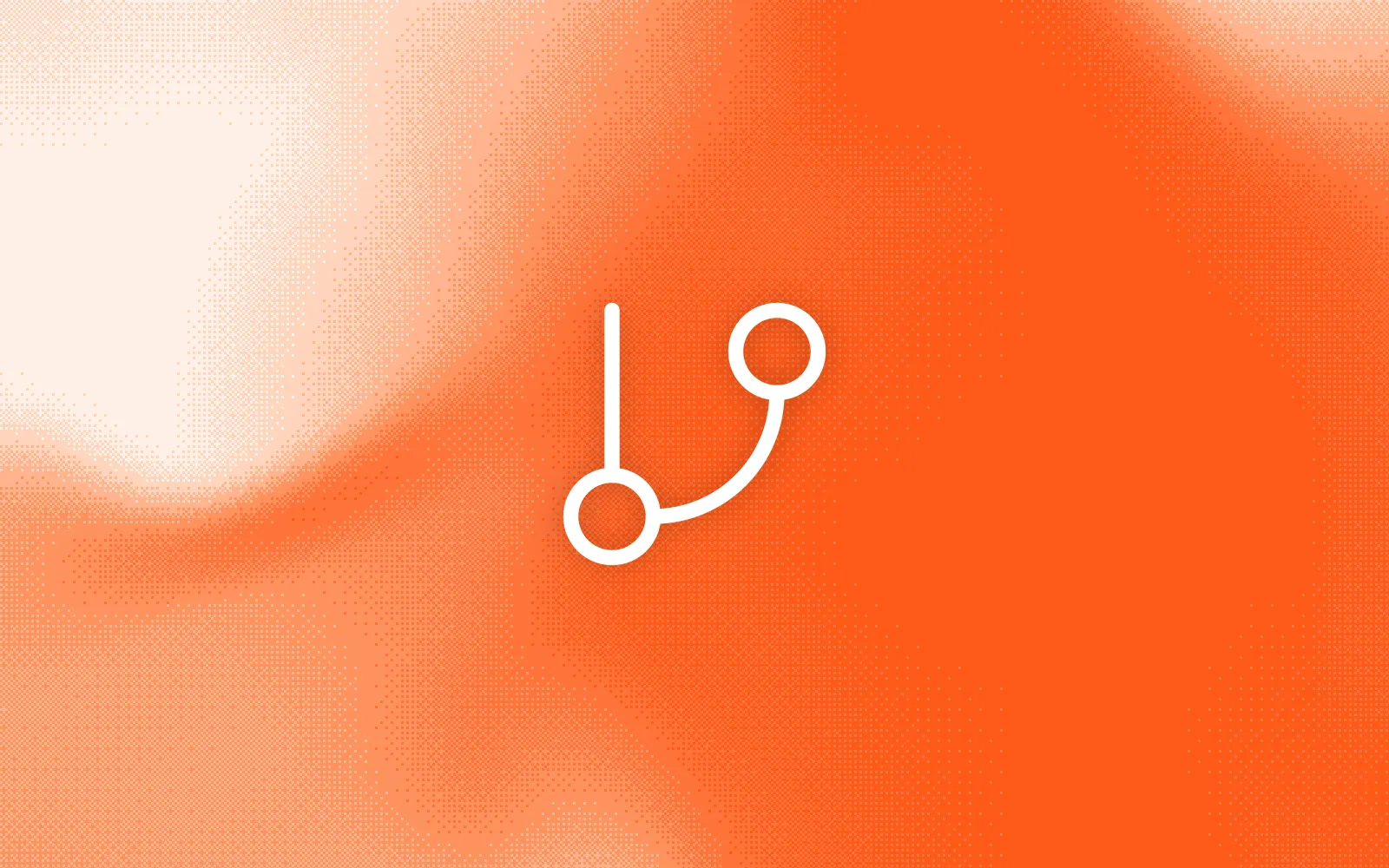 A white branching-flow icon on an orange dithered field