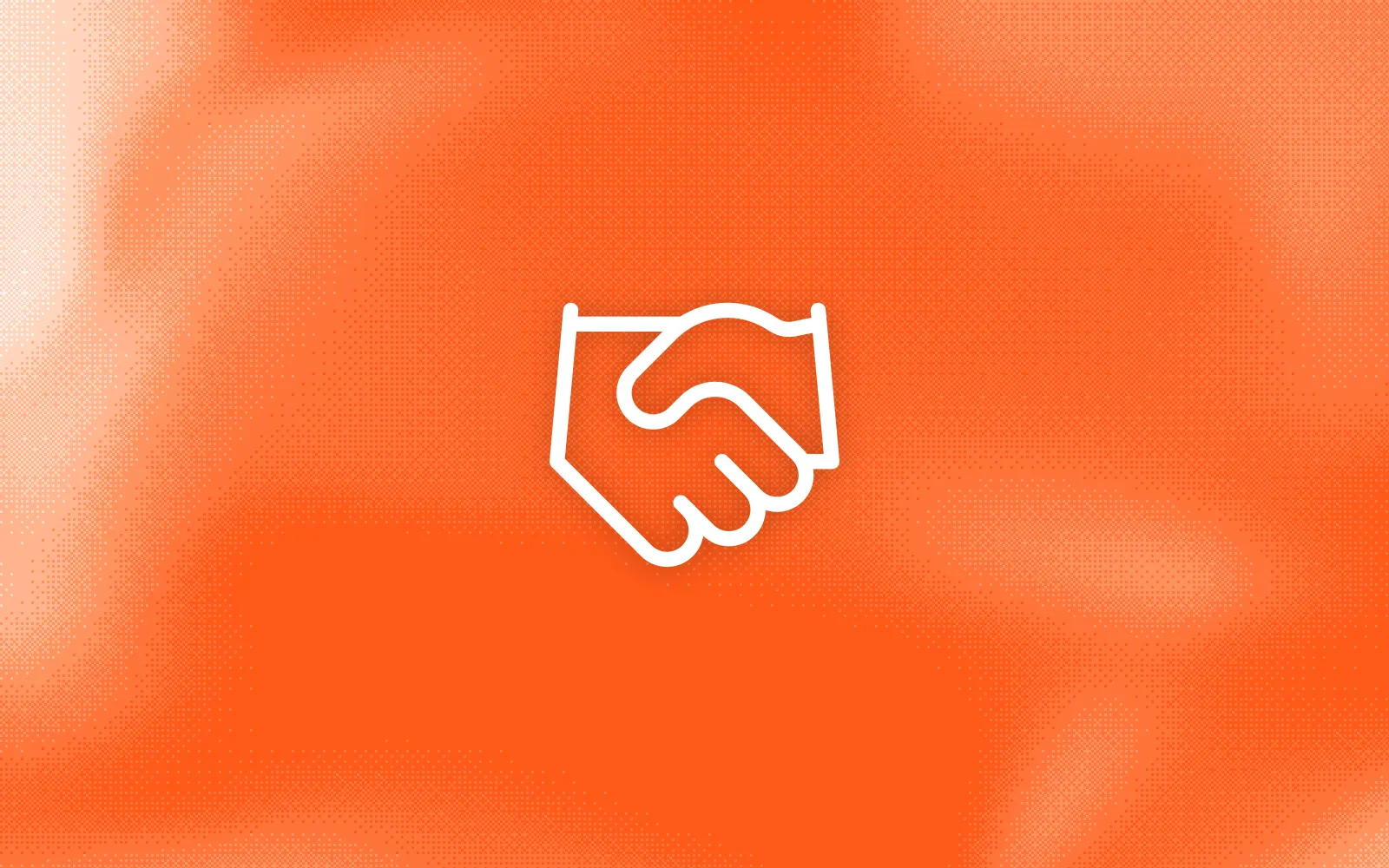 A white handshake icon on an orange dithered field