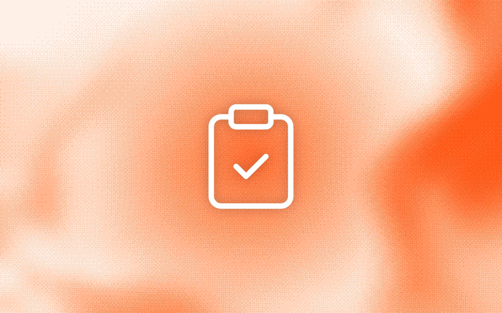 A white checked-clipboard icon on an orange dithered field